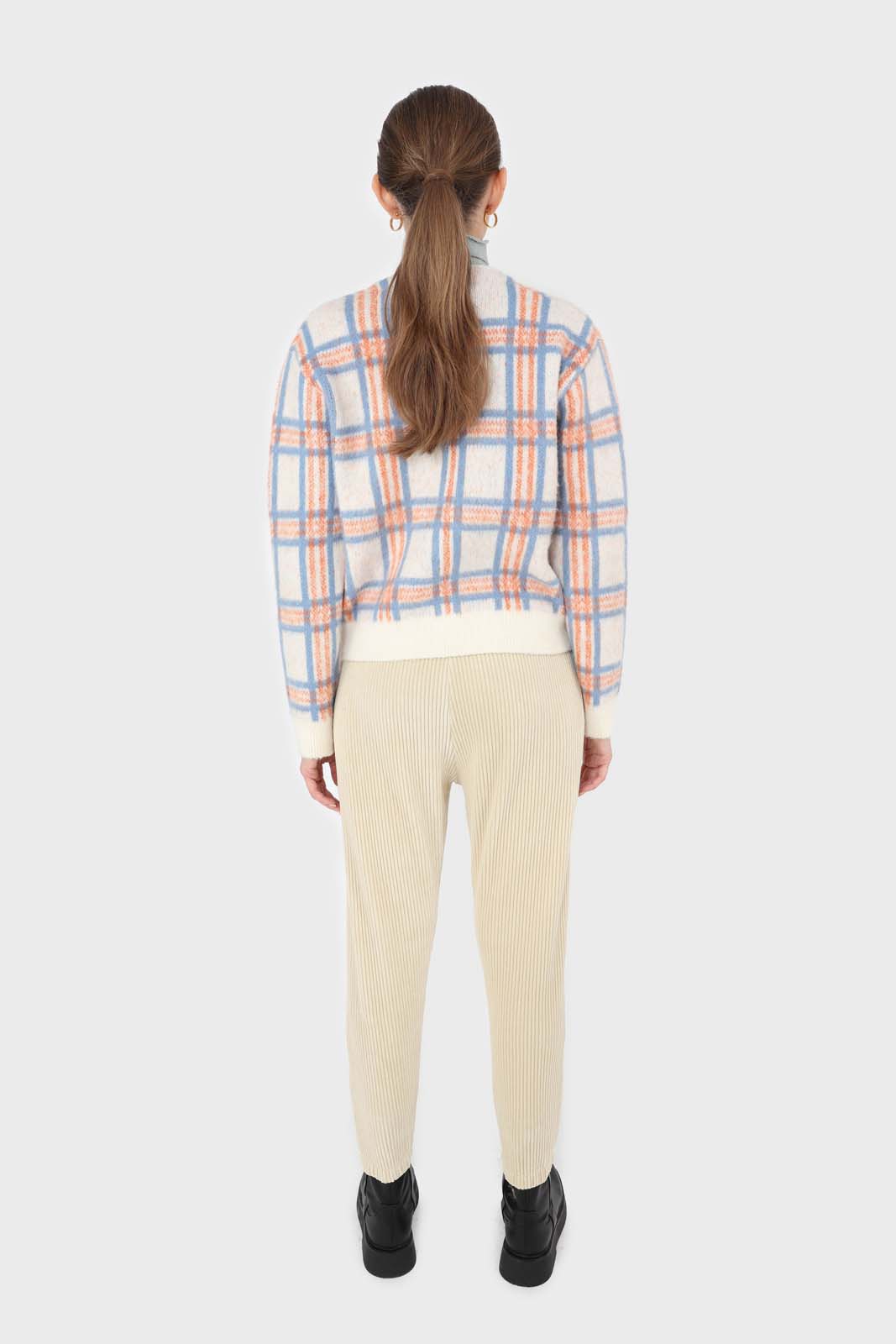 Ivory and orange multi check brushed cardigan