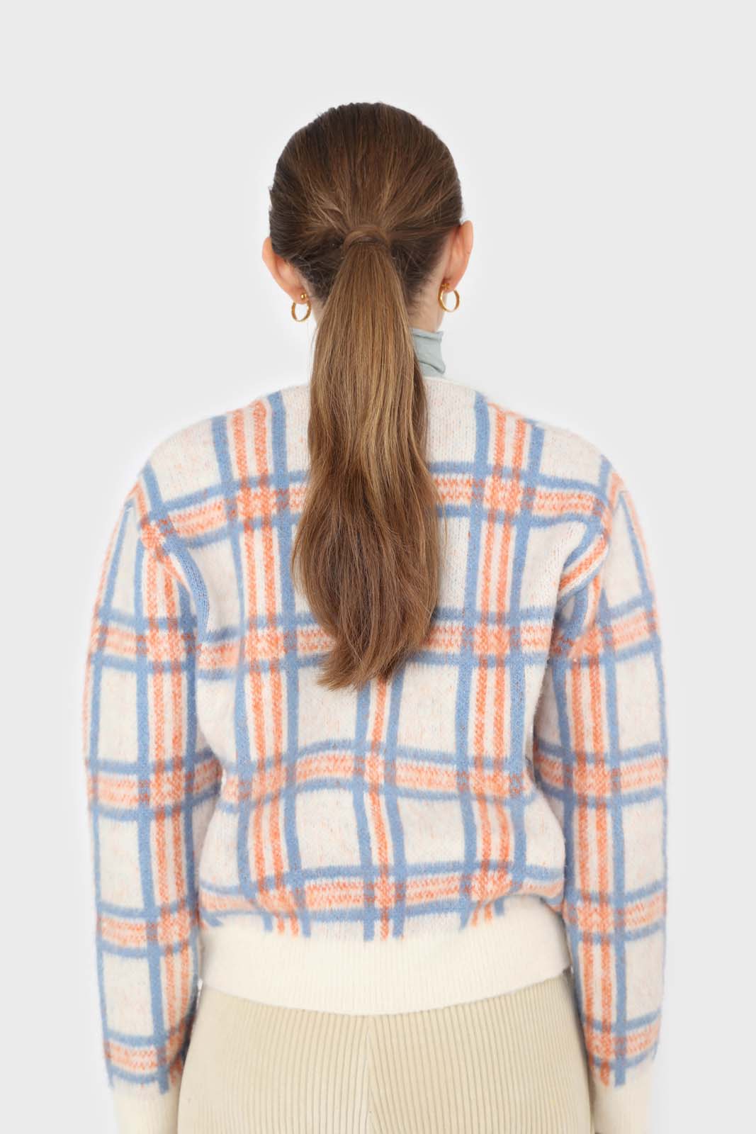 Ivory and orange multi check brushed cardigan