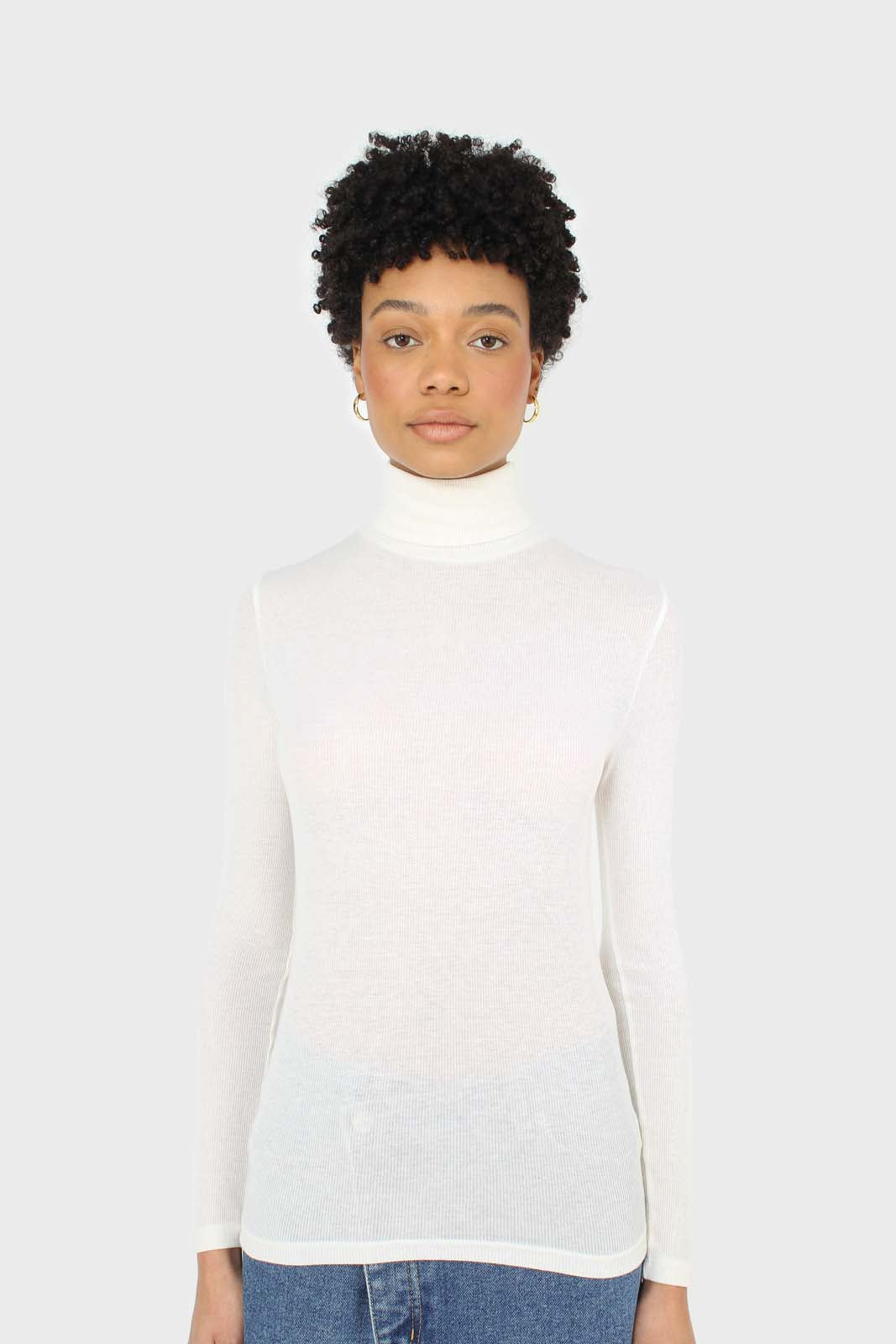 Ivory fine ribbed jersey turtleneck top