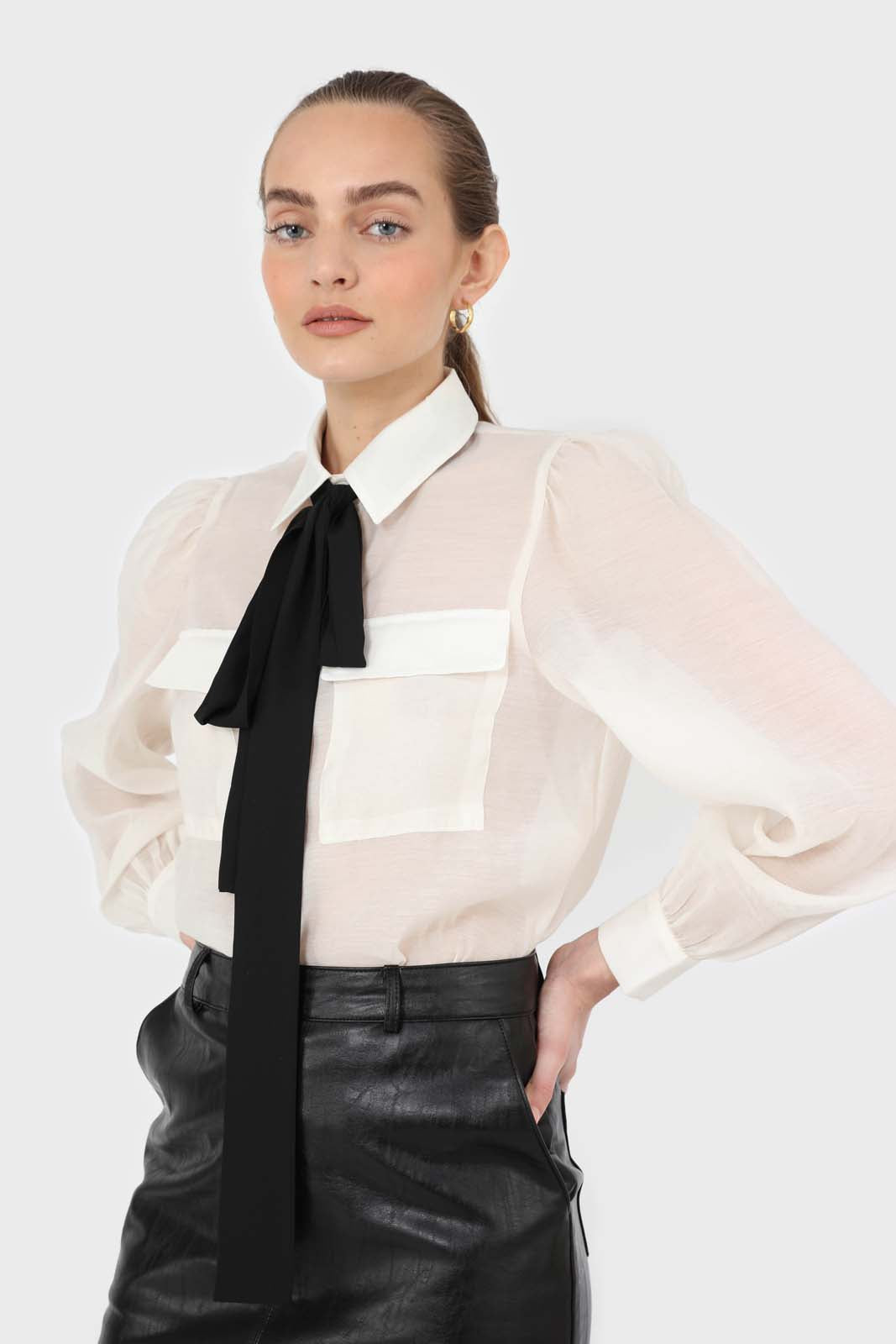 Ivory and black pussy bow semi sheer blouse