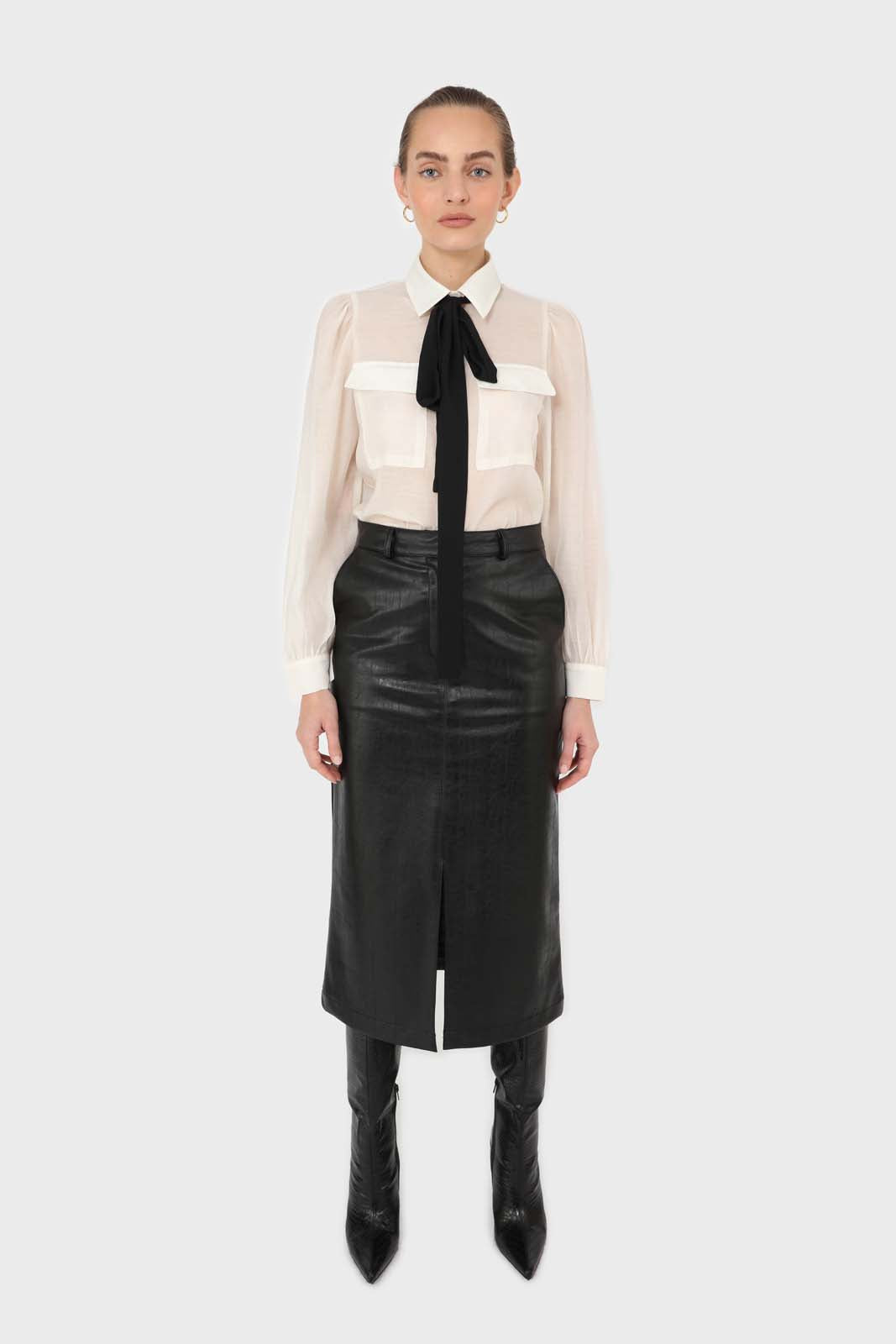 Ivory and black pussy bow semi sheer blouse