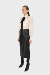 Ivory and black pussy bow semi sheer blouse