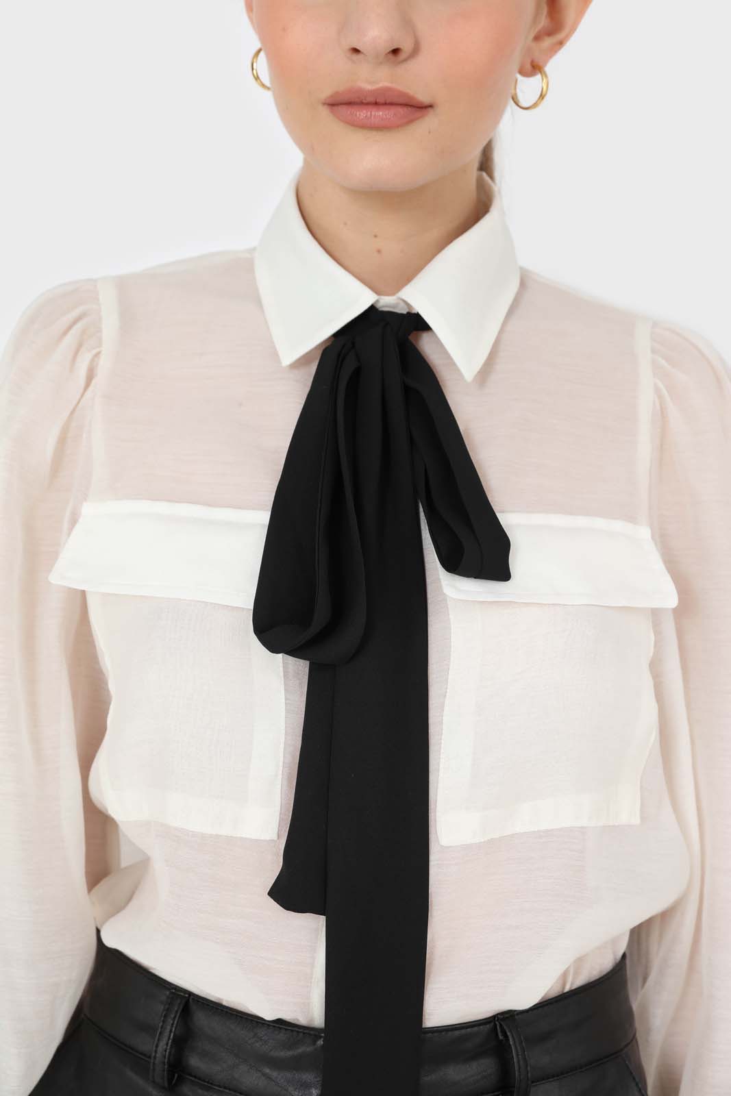 Ivory and black pussy bow semi sheer blouse