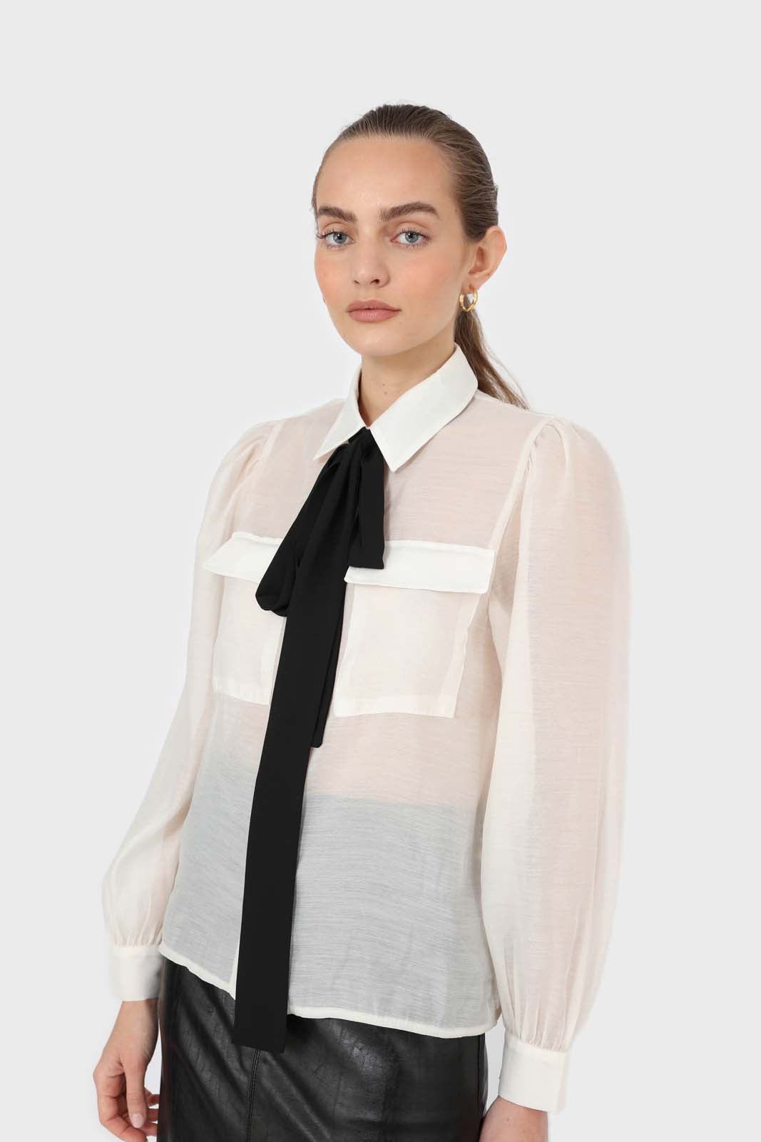 Ivory and black pussy bow semi sheer blouse