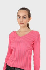 Hot pink ribbed V-neck fitted knit top