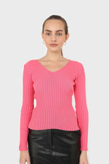 Hot pink ribbed V-neck fitted knit top