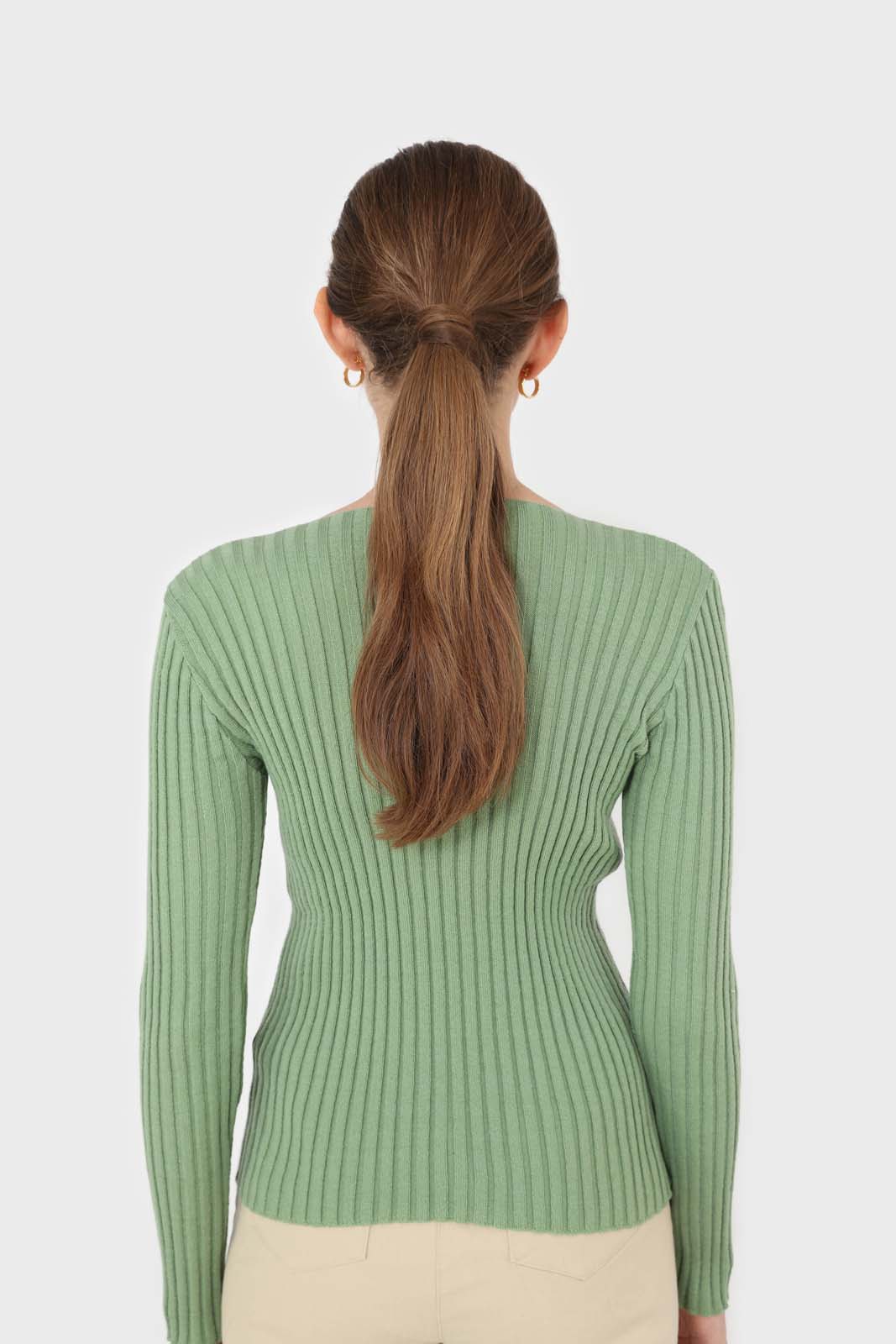 Mint green ribbed V-neck fitted knit top