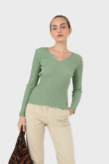 Mint green ribbed V-neck fitted knit top