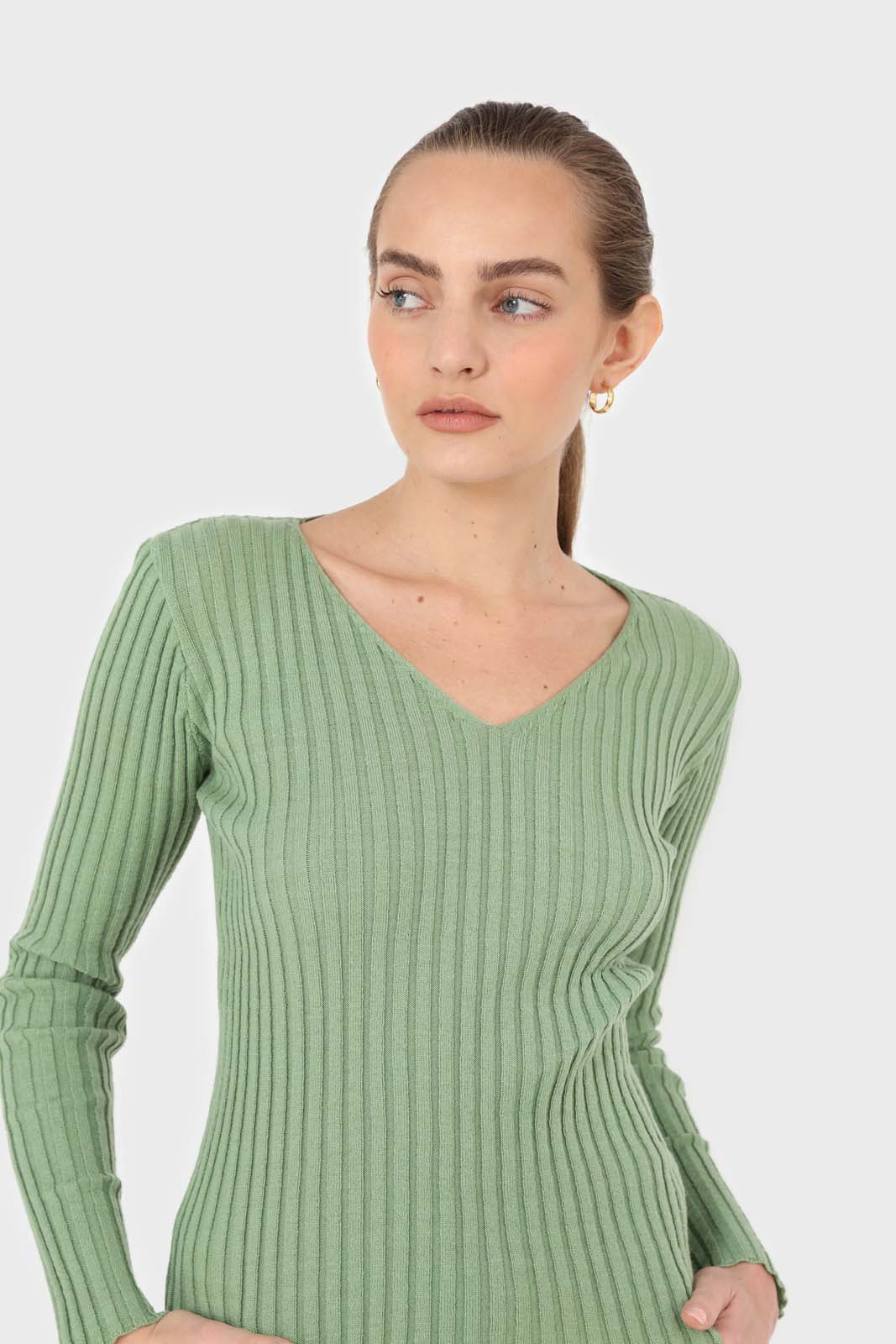 Mint green ribbed V-neck fitted knit top