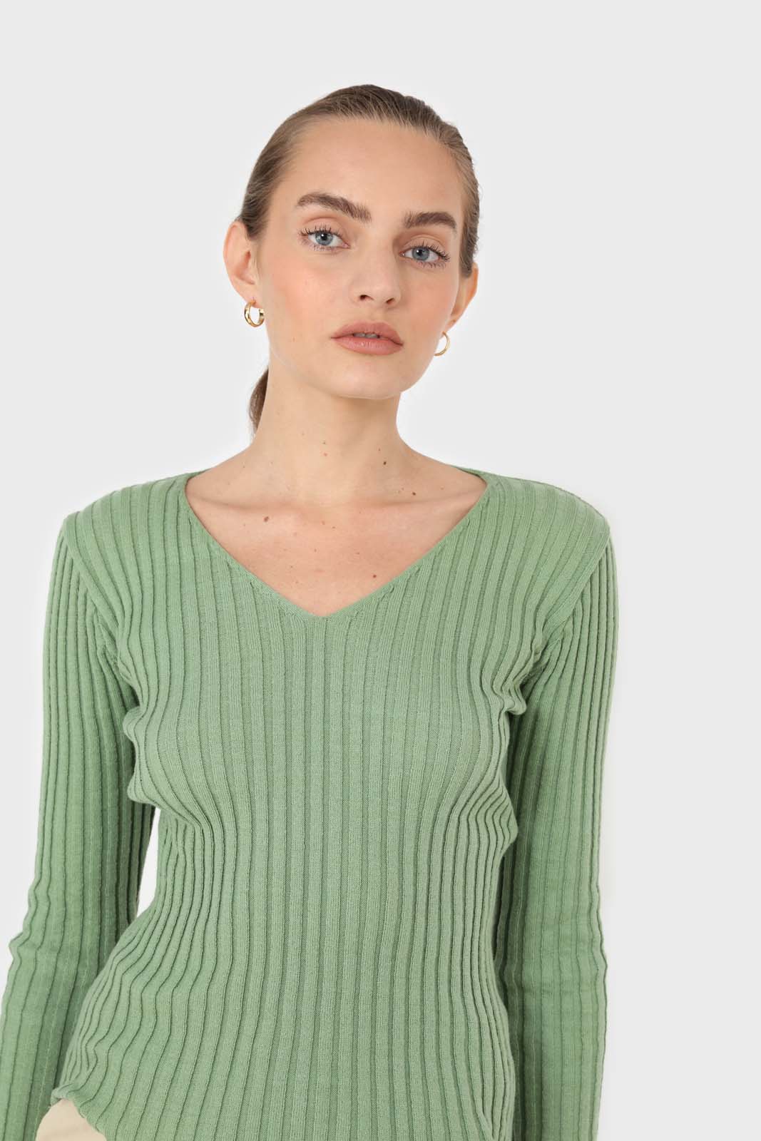 Mint green ribbed V-neck fitted knit top