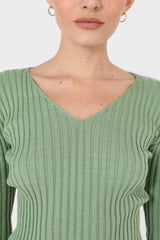 Mint green ribbed V-neck fitted knit top