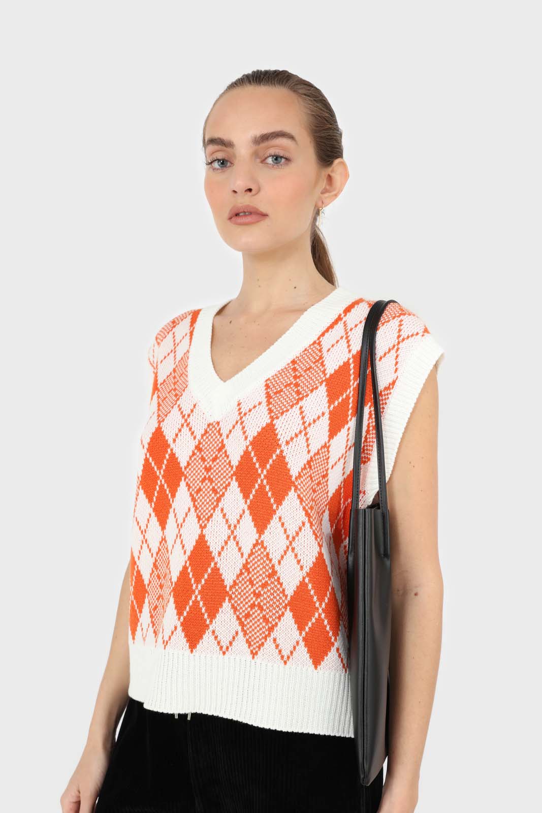 Ivory and orange bright argyle knit vest