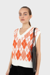 Ivory and orange bright argyle knit vest