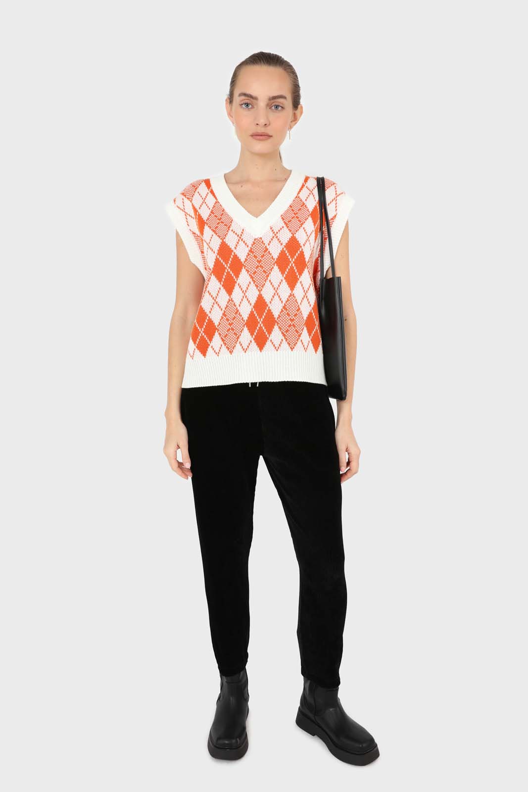 Ivory and orange bright argyle knit vest