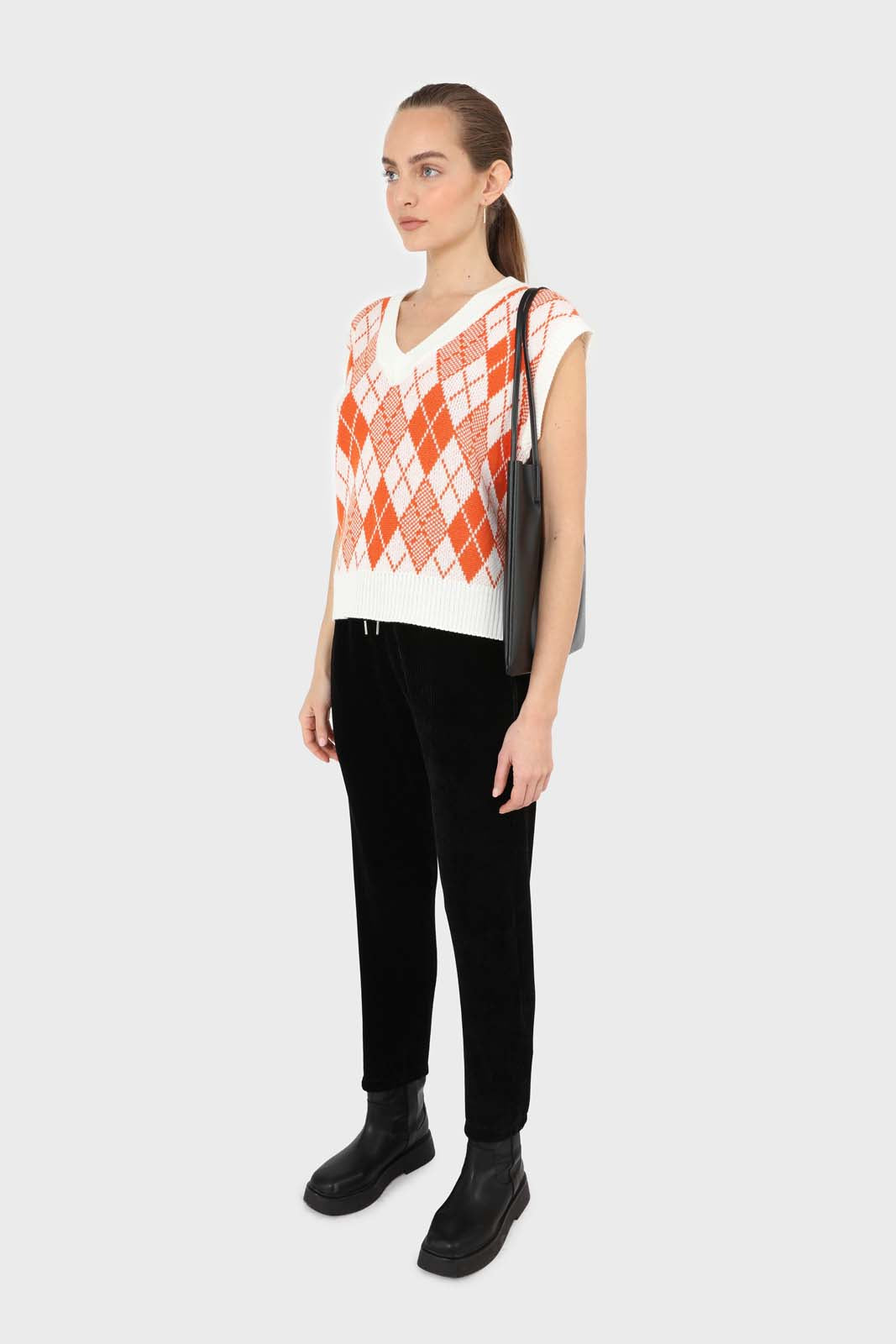 Ivory and orange bright argyle knit vest