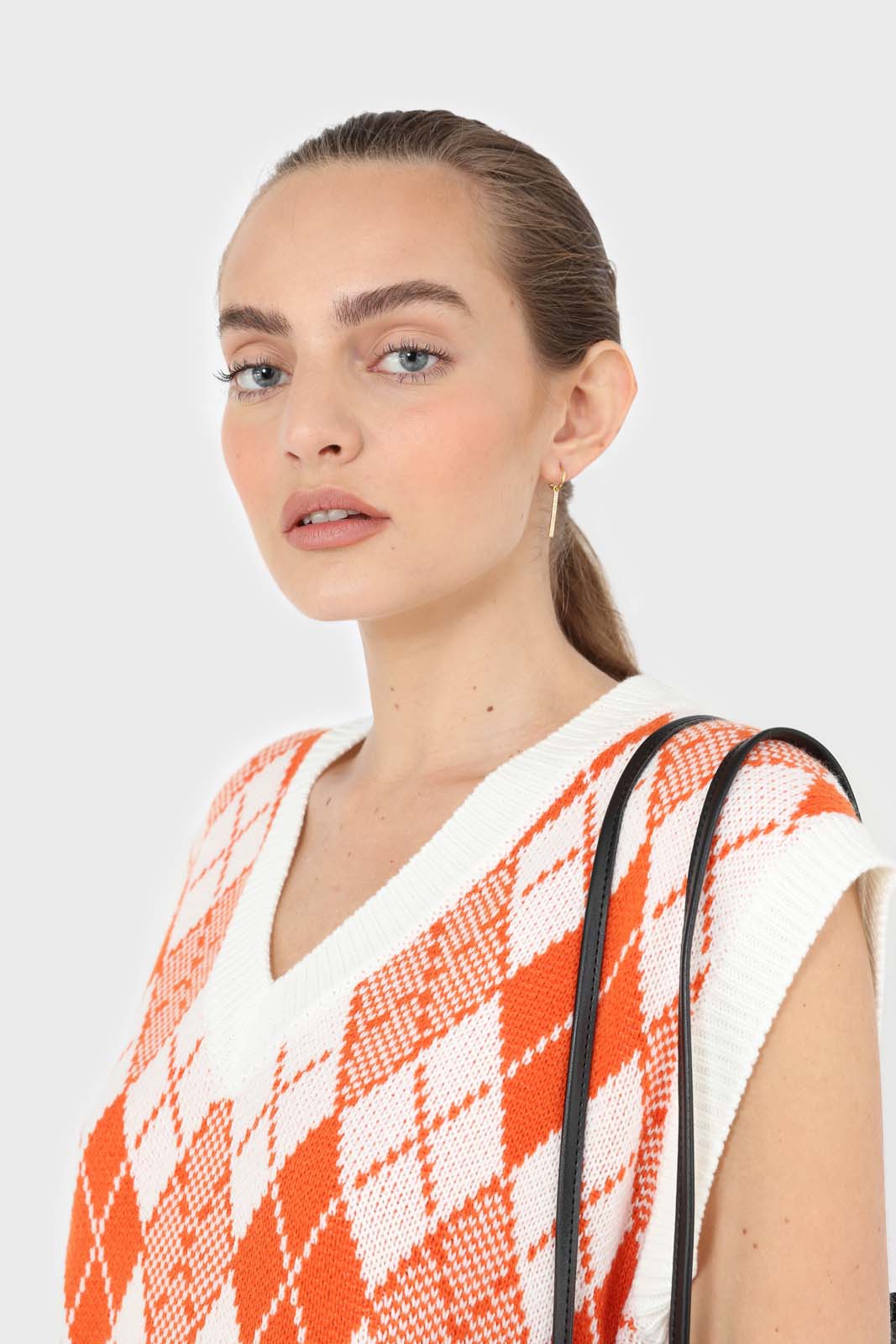 Ivory and orange bright argyle knit vest
