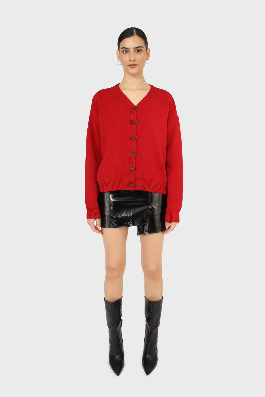Red wool blend v-neck loose fit cardigan