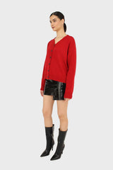 Red wool blend v-neck loose fit cardigan