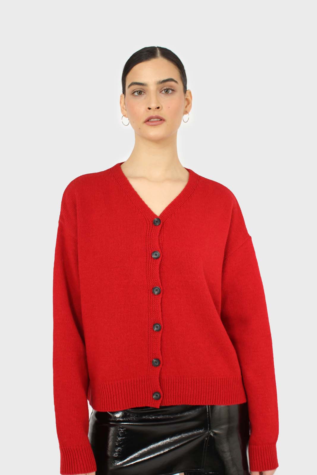 Red wool blend v-neck loose fit cardigan