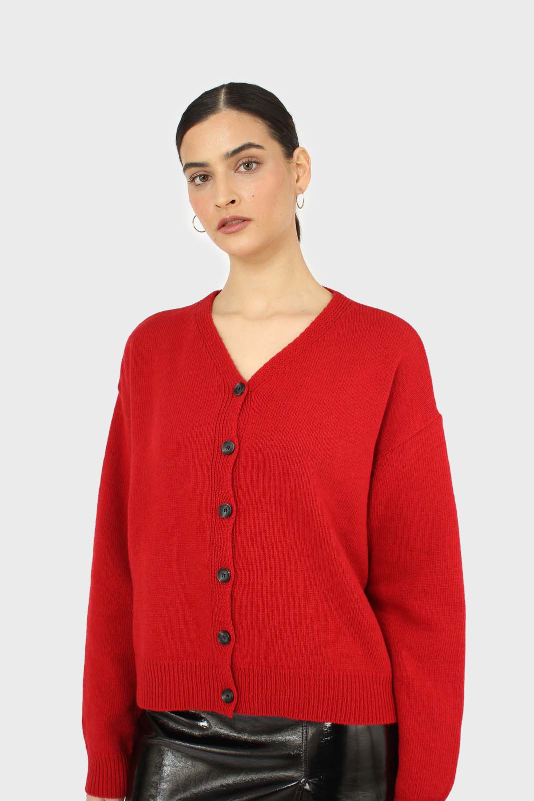 Red wool blend v-neck loose fit cardigan