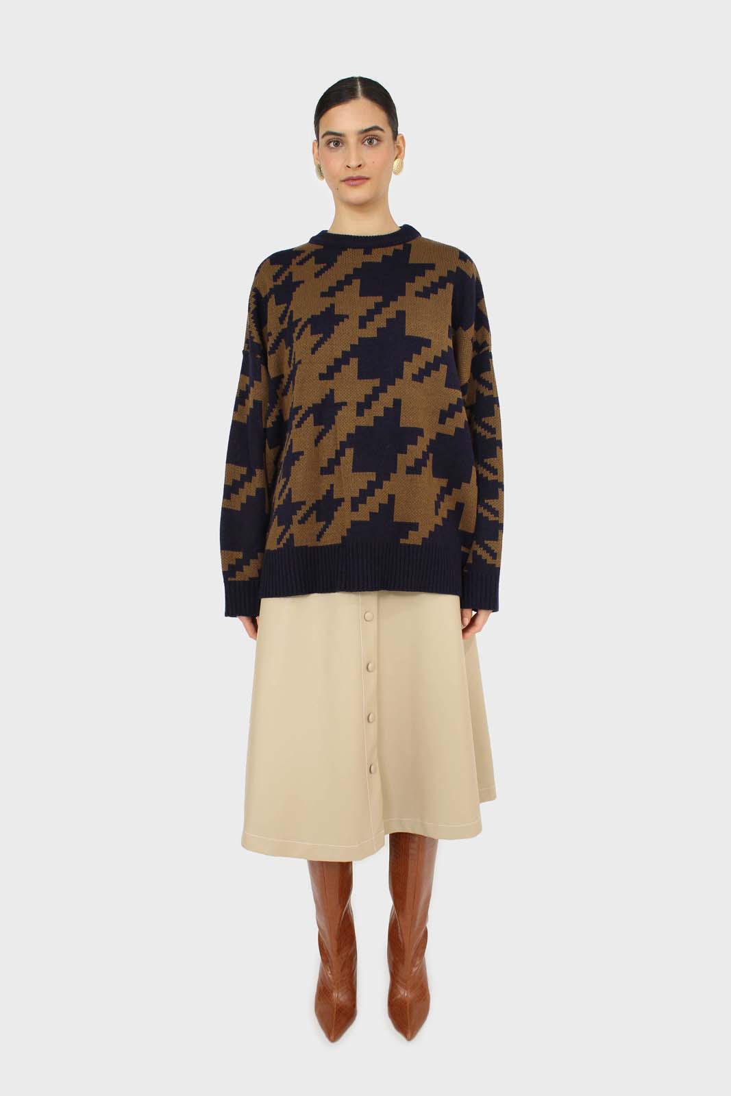 Navy and khaki houndstooth oversized jumper