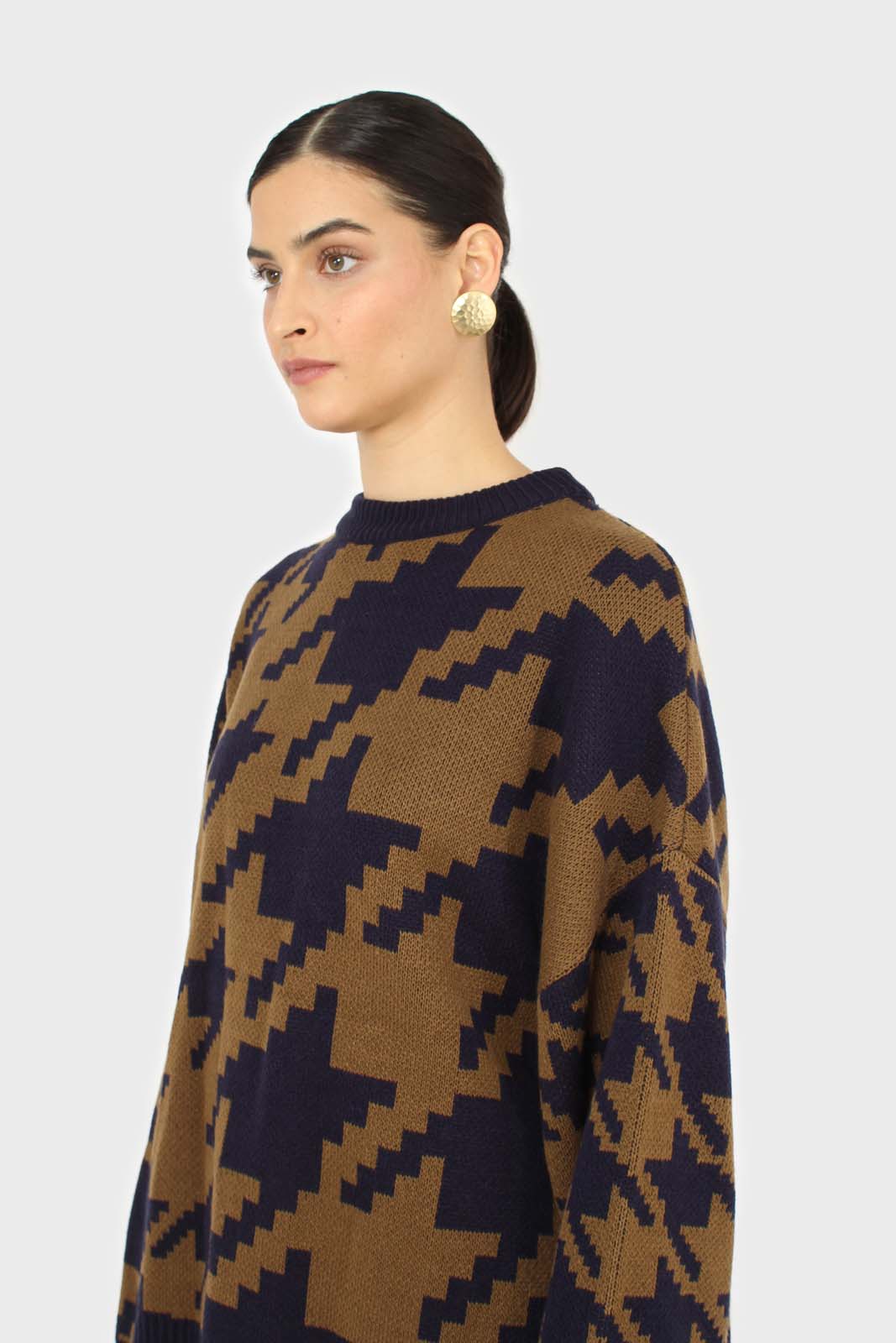 Navy and khaki houndstooth oversized jumper
