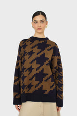 Navy and khaki houndstooth oversized jumper
