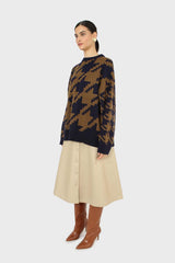 Navy and khaki houndstooth oversized jumper