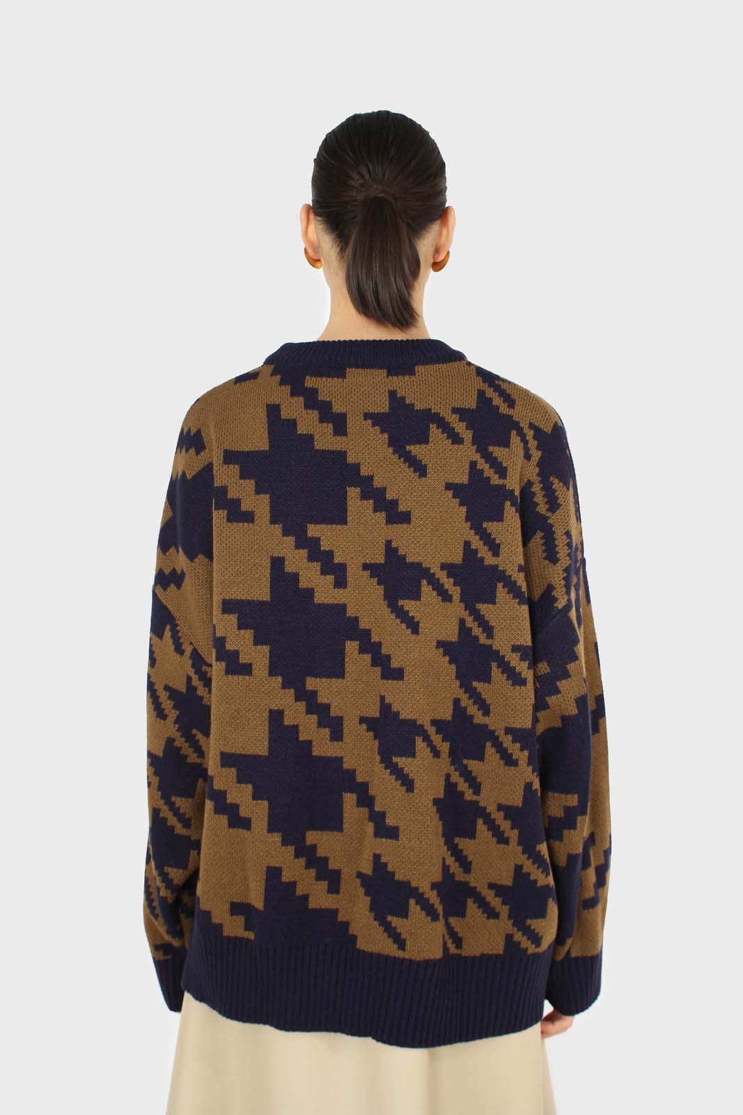 Navy and khaki houndstooth oversized jumper