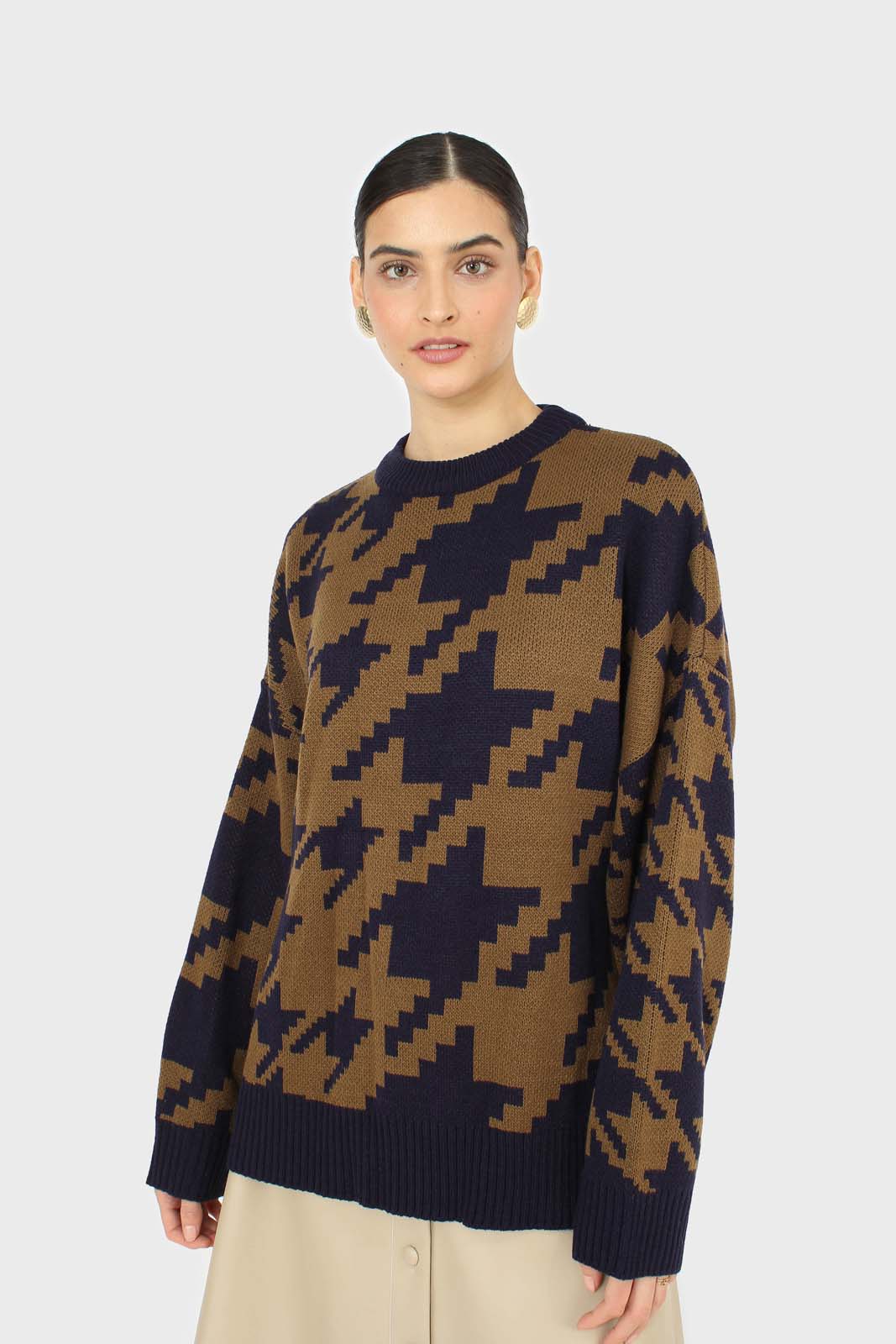 Navy and khaki houndstooth oversized jumper