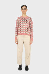 Pink intarsia sheep crew neck jumper