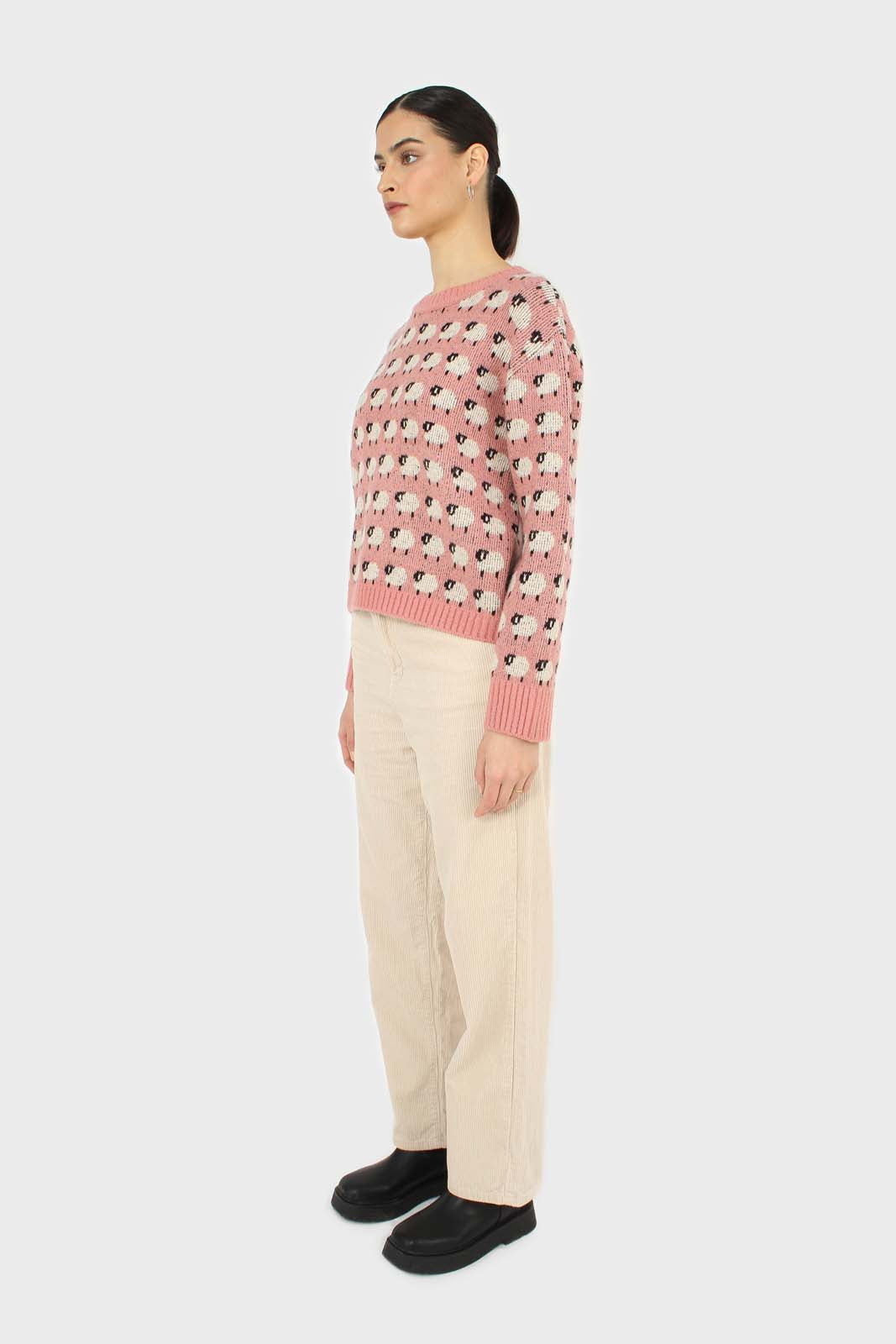 Pink intarsia sheep crew neck jumper