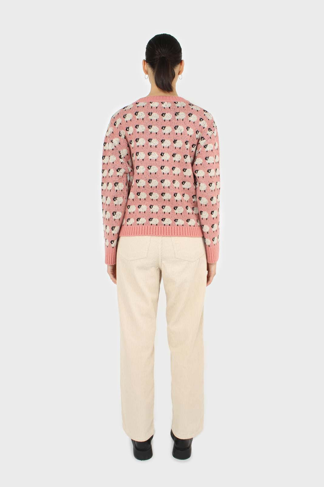 Pink intarsia sheep crew neck jumper