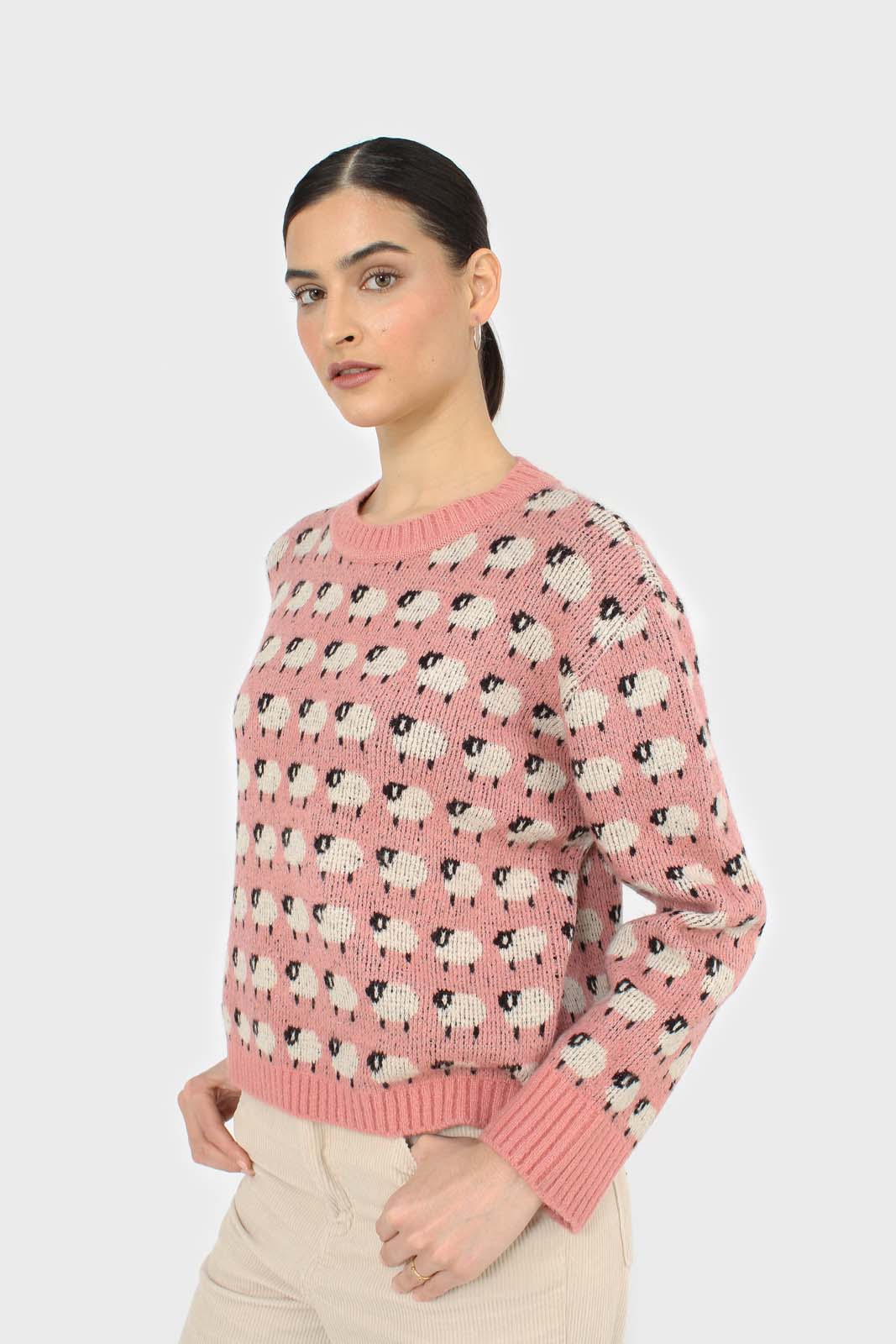 Pink intarsia sheep crew neck jumper