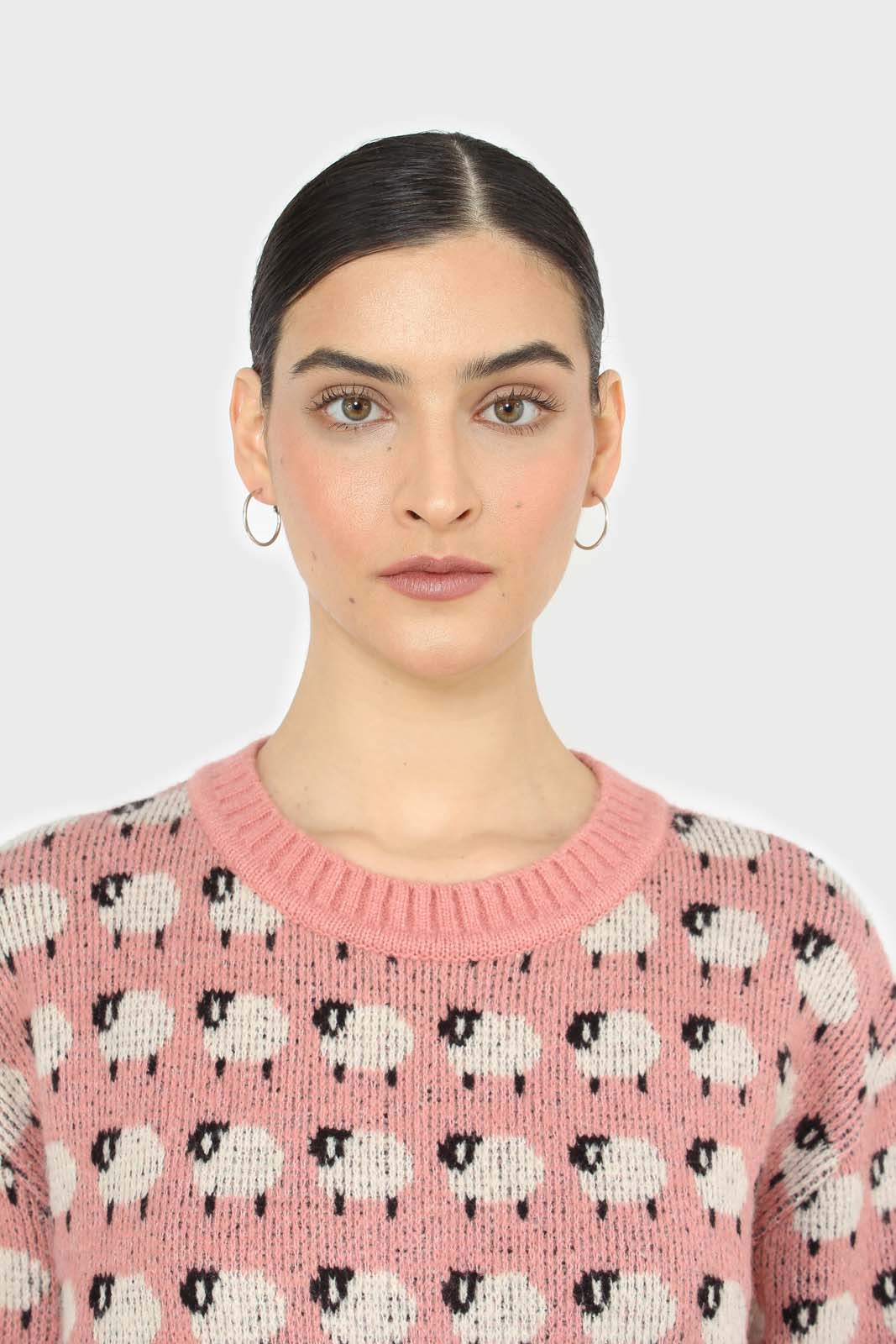 Pink intarsia sheep crew neck jumper