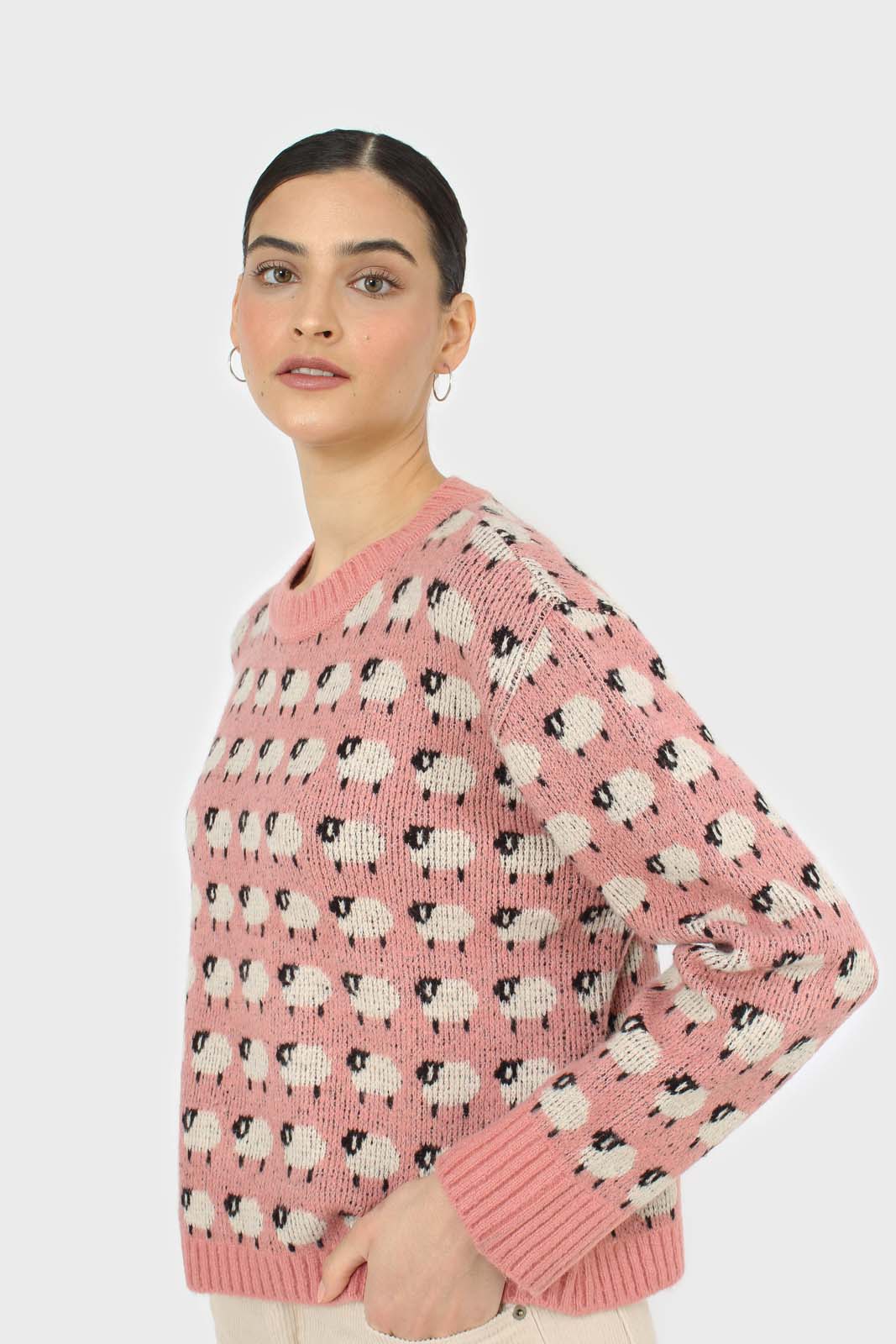 Pink intarsia sheep crew neck jumper