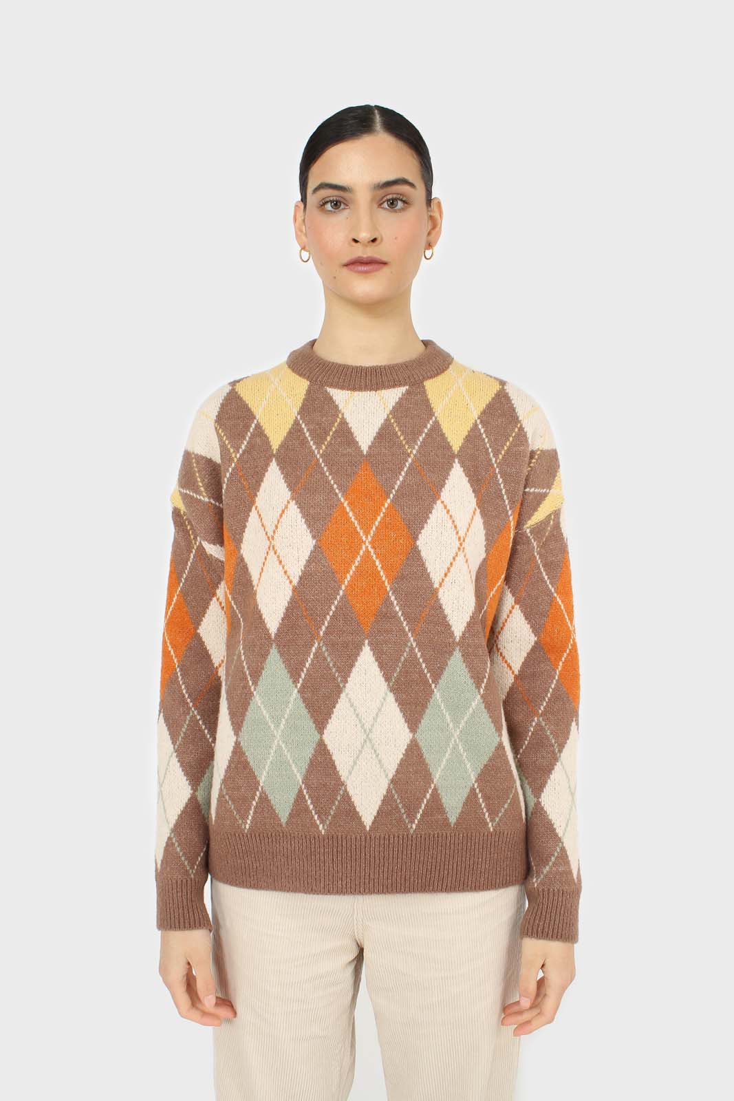 Brown and orange argyle crew neck jumper