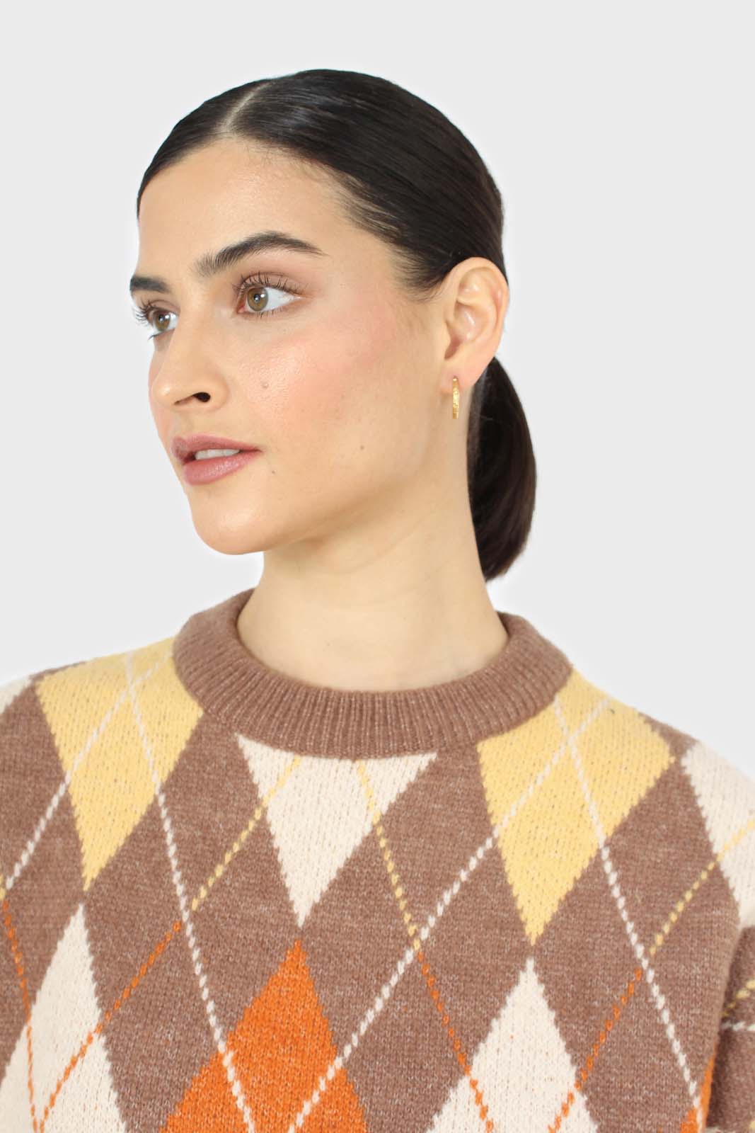 Brown and orange argyle crew neck jumper
