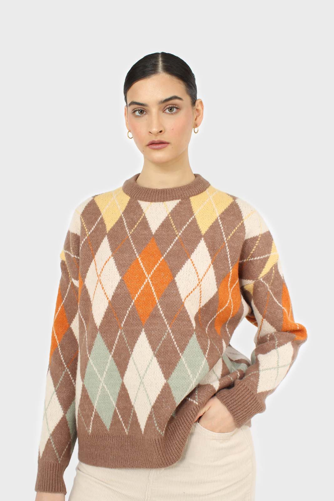 Brown and orange argyle crew neck jumper