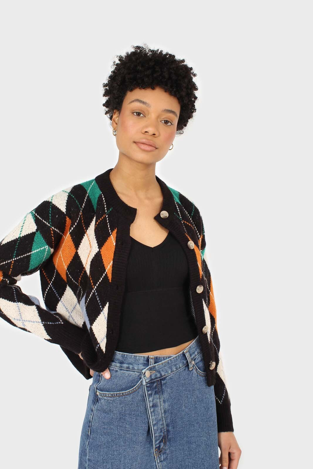 Black and orange argyle cardigan