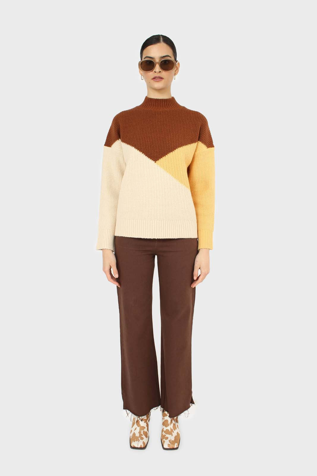 Brown and yellow diagonal block mock neck jumper
