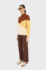 Brown and yellow diagonal block mock neck jumper