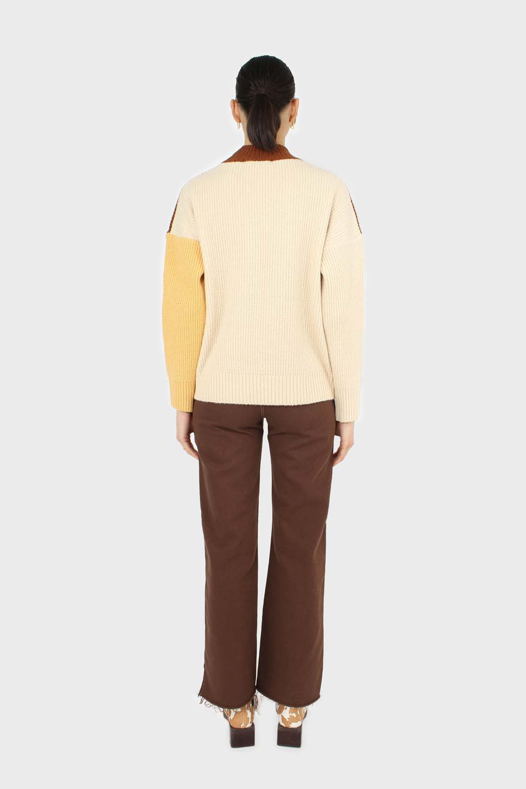 Brown and yellow diagonal block mock neck jumper