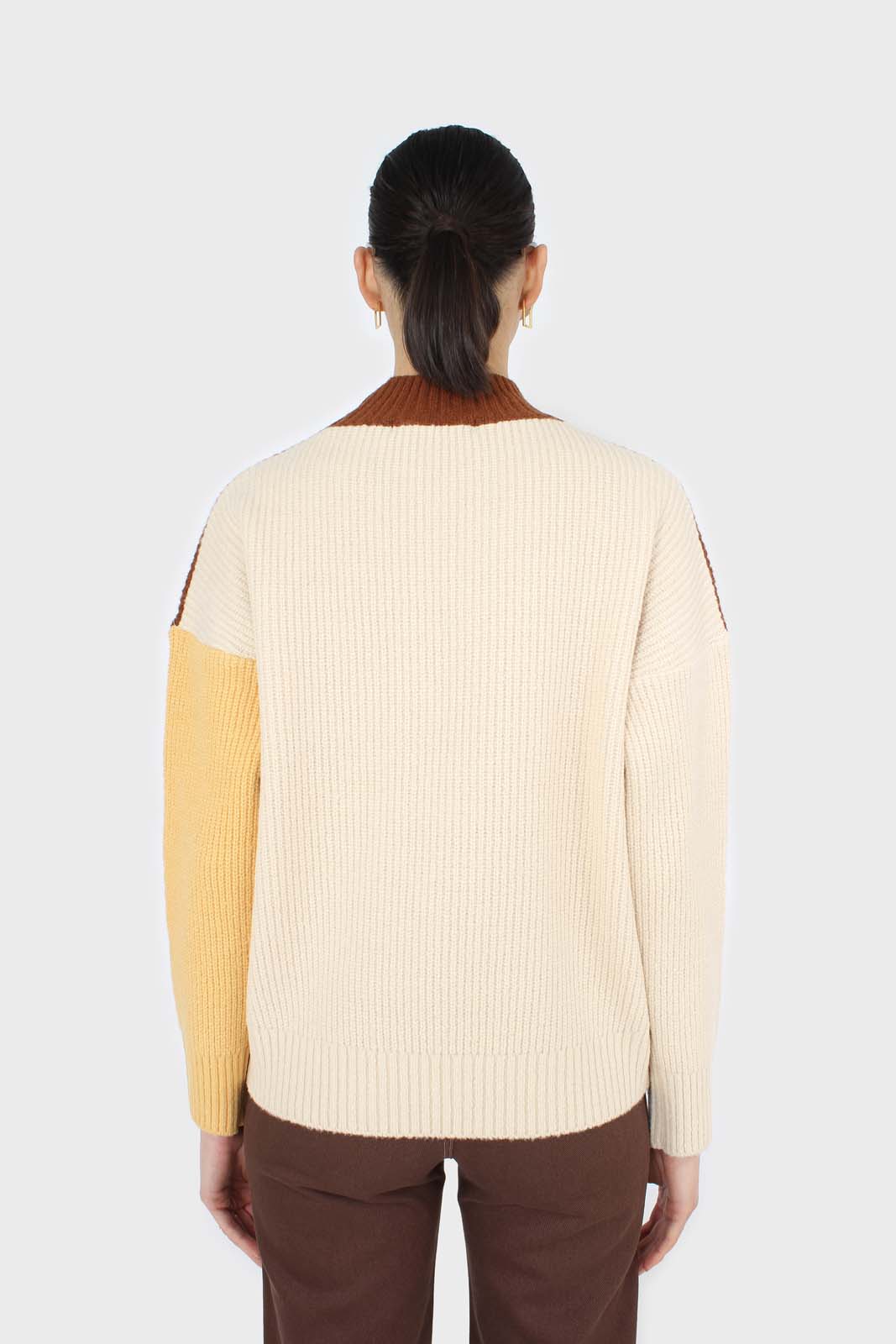 Brown and yellow diagonal block mock neck jumper