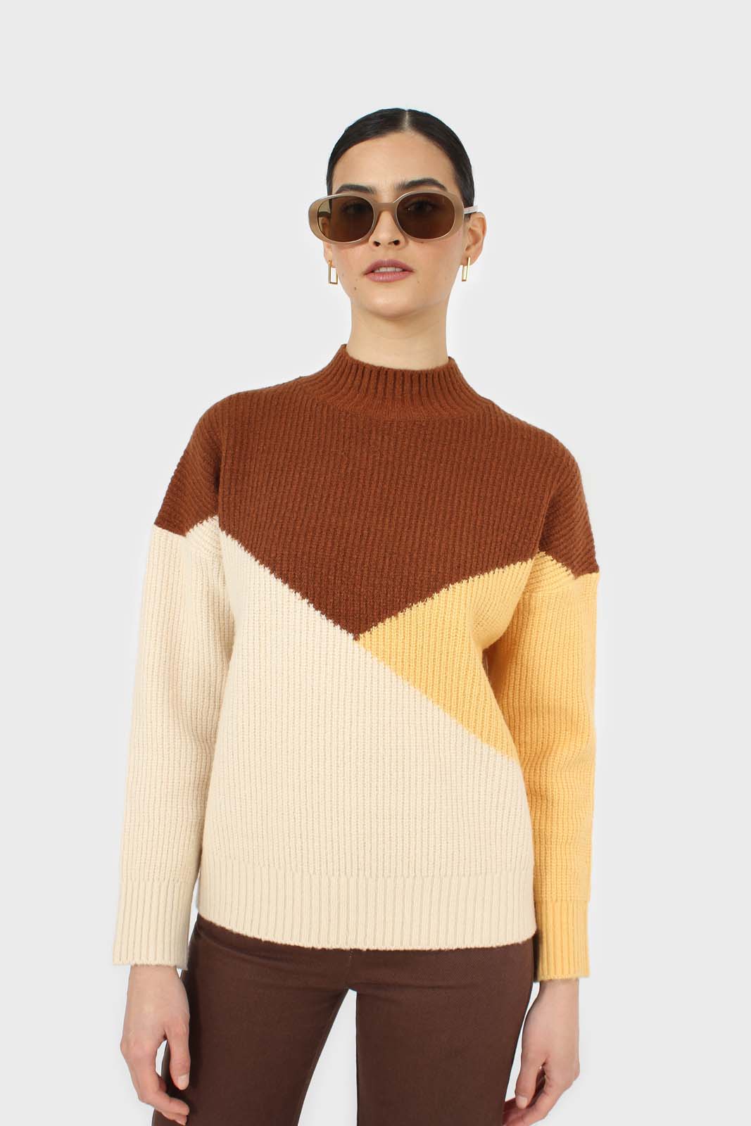 Brown and yellow diagonal block mock neck jumper