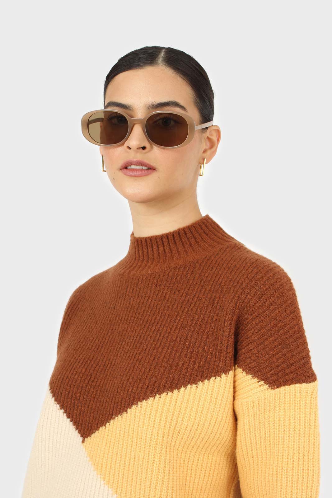 Brown and yellow diagonal block mock neck jumper