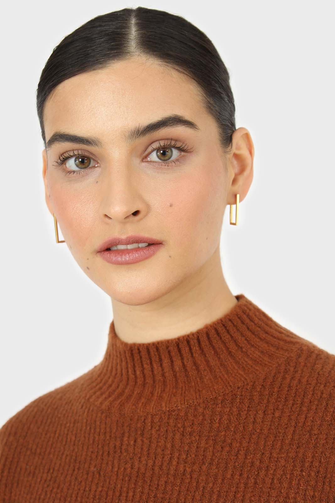 Brown and yellow diagonal block mock neck jumper