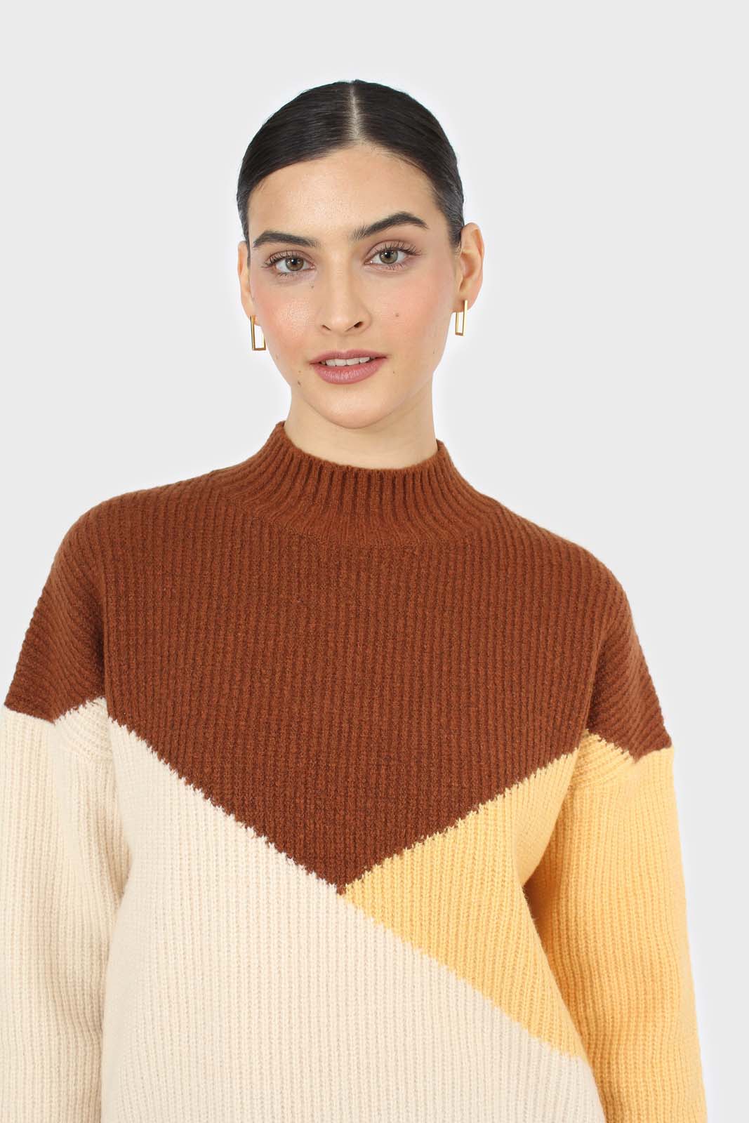 Brown and yellow diagonal block mock neck jumper