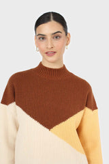 Brown and yellow diagonal block mock neck jumper