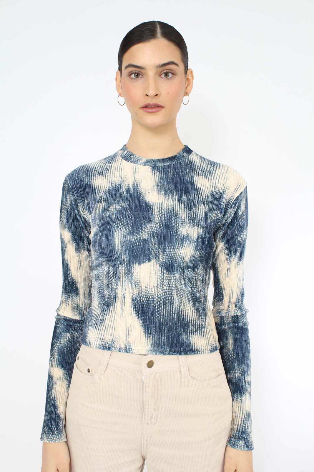 Teal tie dye print velvet cropped top